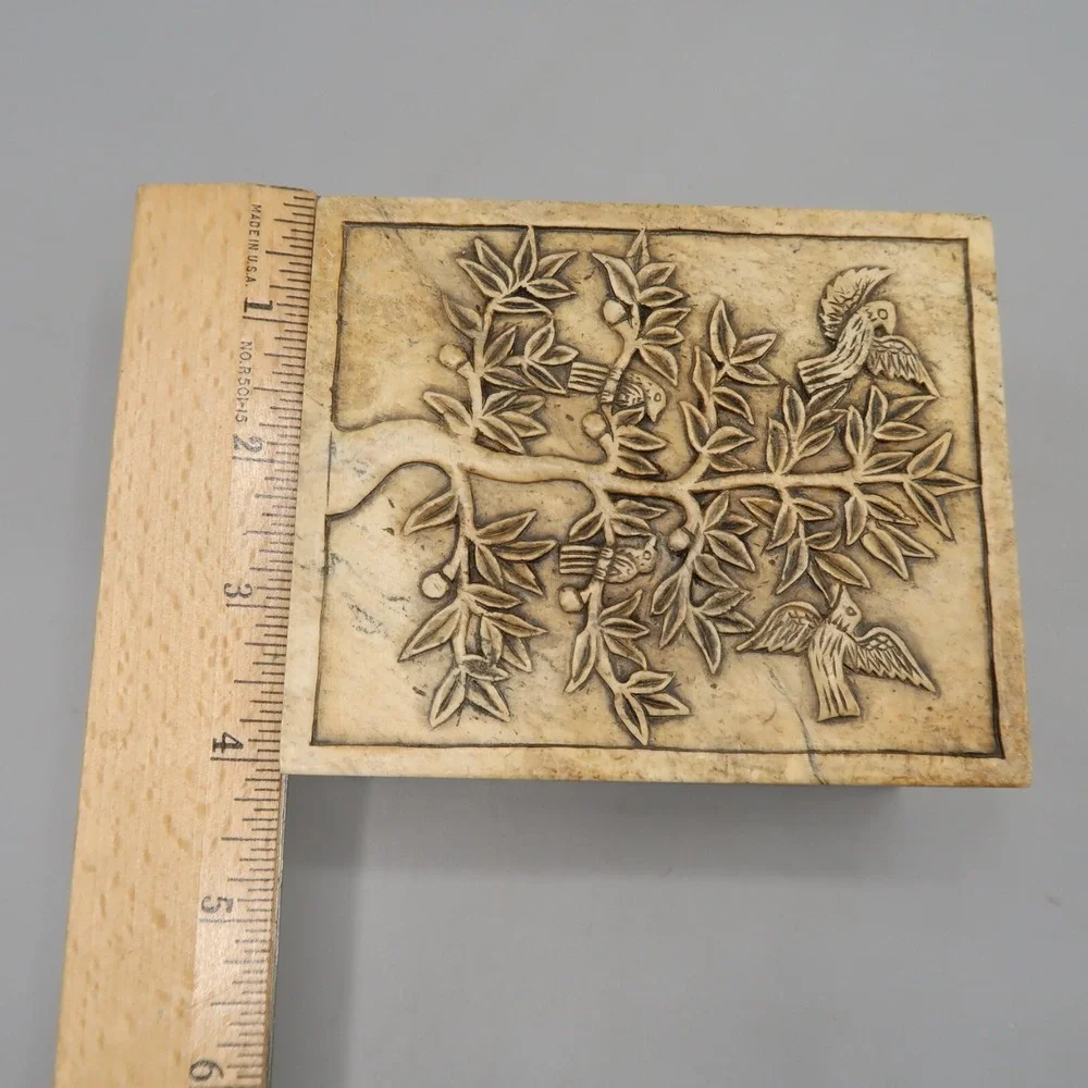 Vintage Marble Jewelry Trinket Box Tan Brown Carved Tree w Birds 4.5